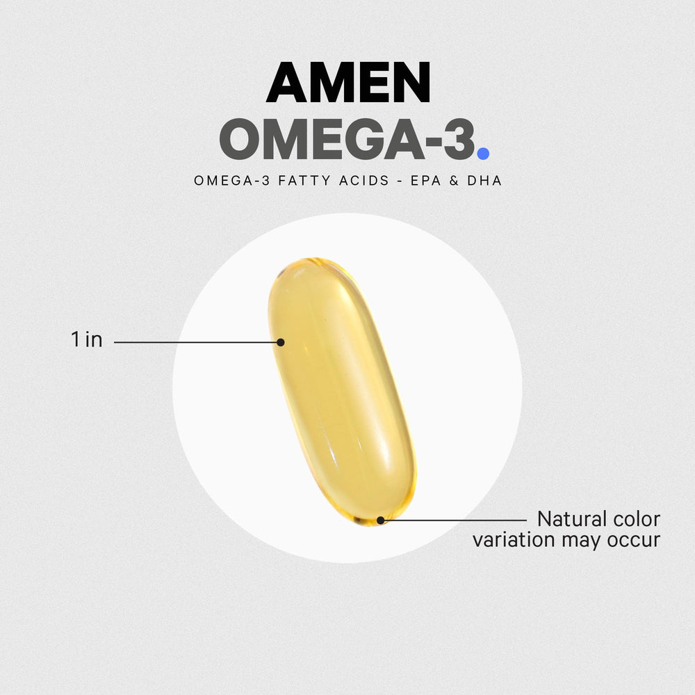 Amen Omega-3 bottle shown beside a glass of water for daily use.