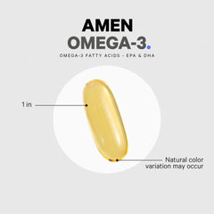 Amen Omega-3 bottle shown beside a glass of water for daily use.