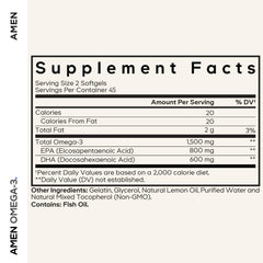 Close-up of Amen Omega-3 softgel capsules highlighting high-potency 1500 mg per serving.