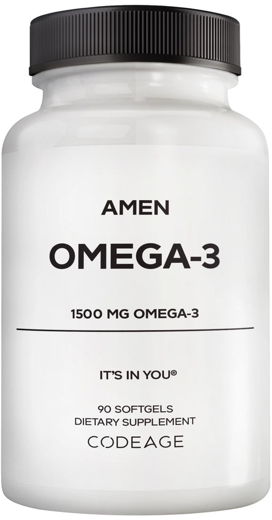 Amen Omega-3 bottle with 90 softgels on a clean kitchen counter for daily wellness.