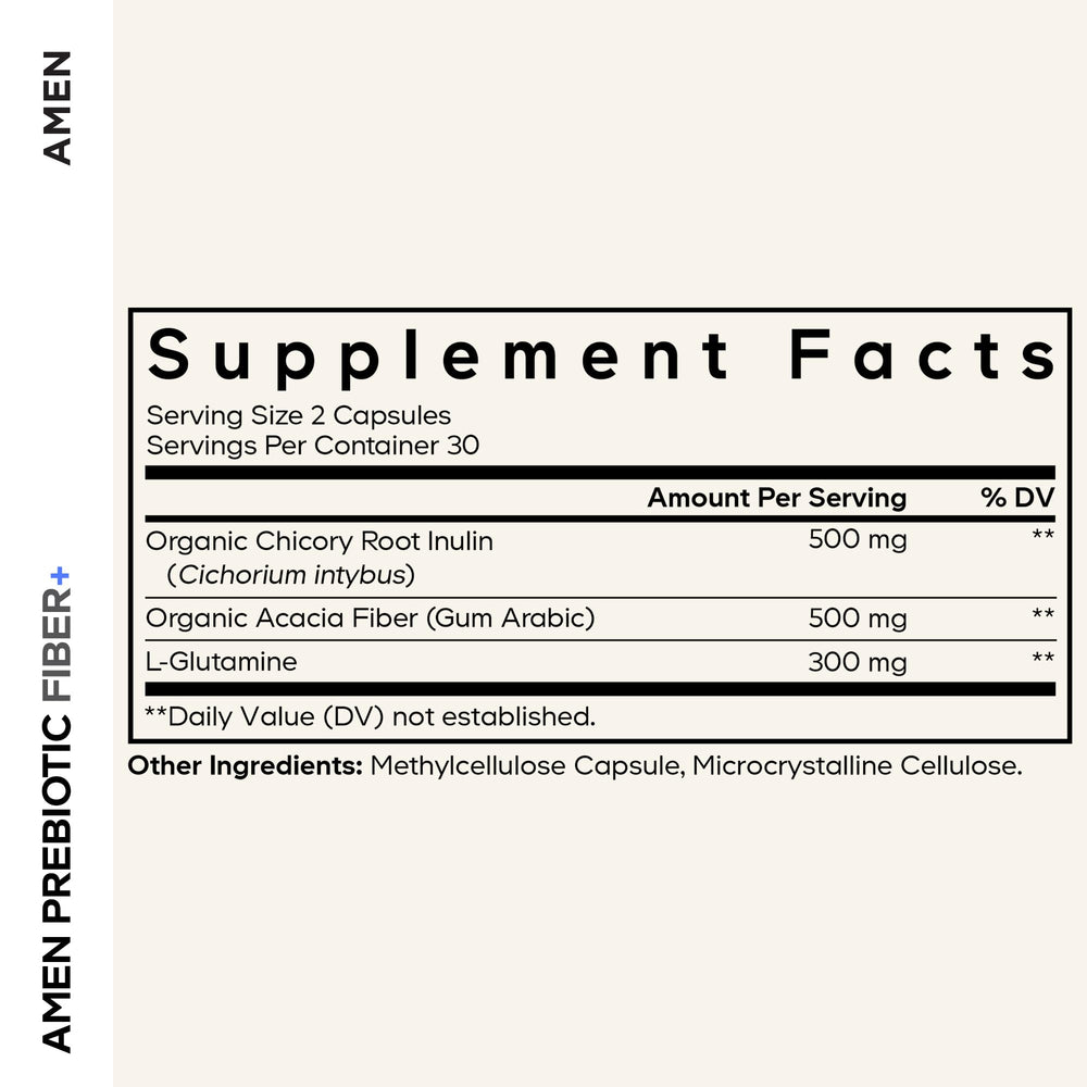 Amen Prebiotic Fiber capsules closeup highlighting easy-to-swallow vegan capsules.