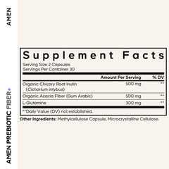 Amen Prebiotic Fiber capsules closeup highlighting easy-to-swallow vegan capsules.
