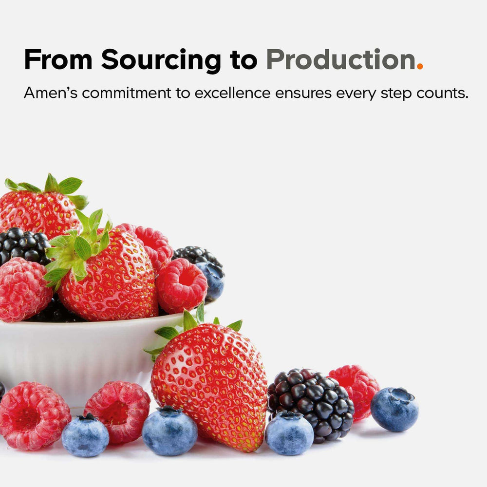 Amen raw fruits blend closeup with pomegranate and acai for antioxidant-rich support.