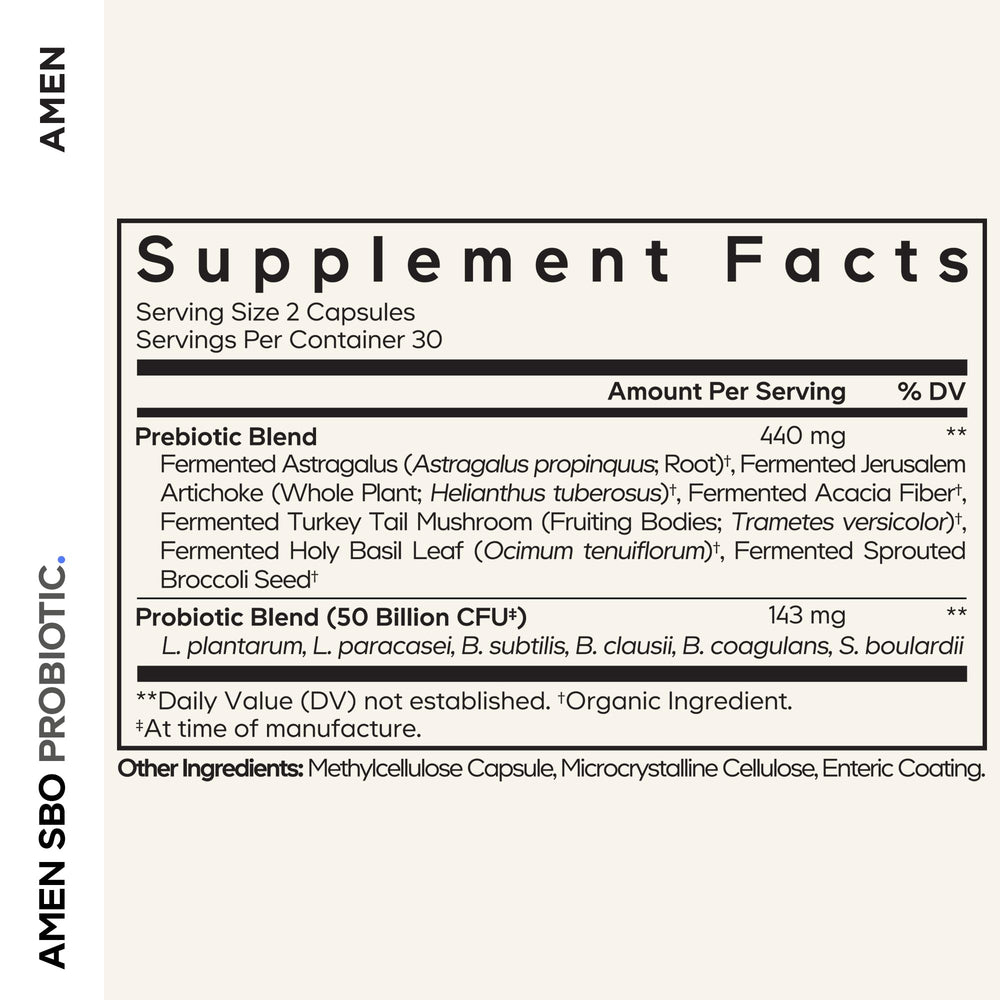 Amen SBO Probiotic label close-up showing six probiotic strains for gut support.