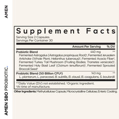 Amen SBO Probiotic label close-up showing six probiotic strains for gut support.