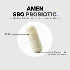 Amen SBO Probiotic bottle with daily-use illustration for routine support.