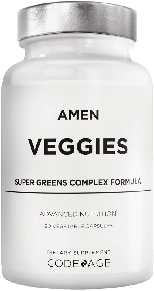 Amen Veggies bottle-cap showing capsule count for daily greens support