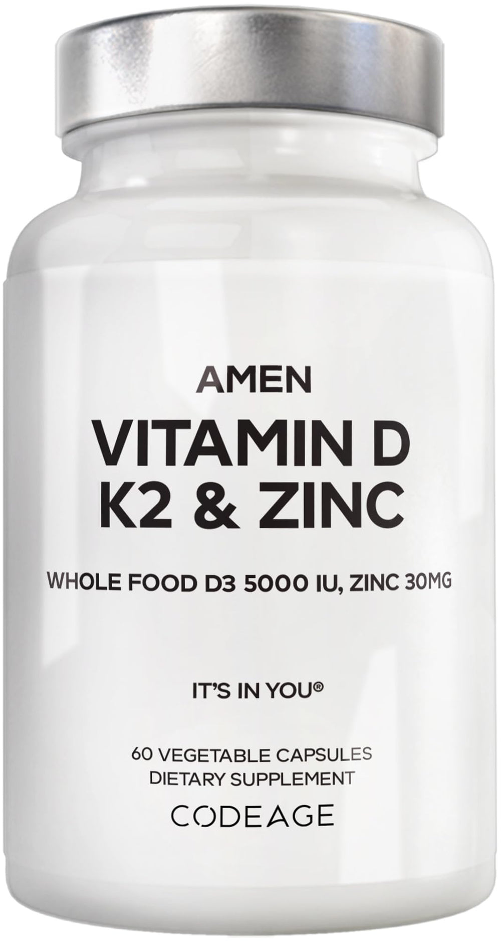 Amen Vitamin D3 K2 Zinc bottle highlights vegan D3 5,000 IU.