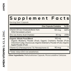Amen Vitamin D3 K2 Zinc capsule close-up shows yeast-derived vegan D3 source.