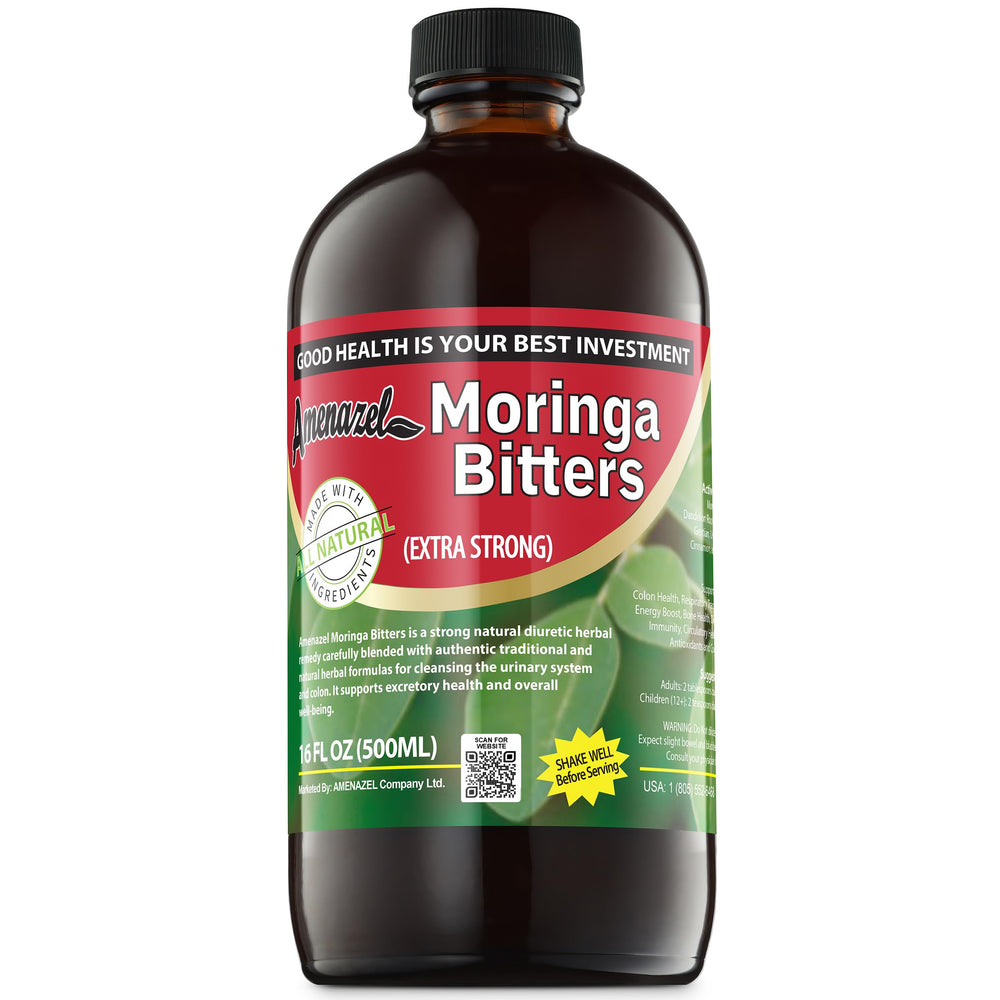 Amenazel Moringa Bitters label close-up emphasizes honey-sweetened mild flavor.