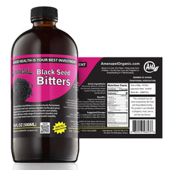 Amenazel Organic Black Seed Bitters bottle for immune support and gentle digestion