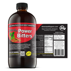 Amenazel Organic Power Bitters bottle with herbal blend for gentle digestion and immune support