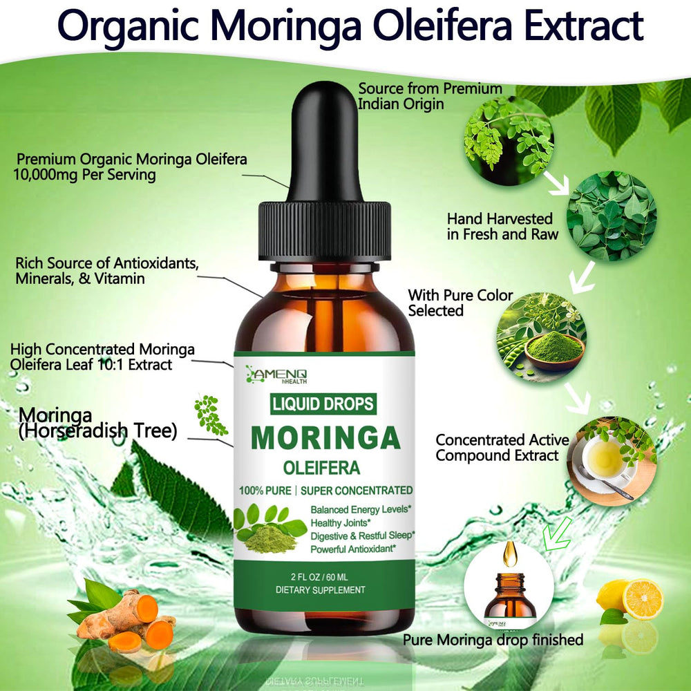 AMENQ hHEALTH moringa liquid drops bottle with dropper highlighting precise dosing.