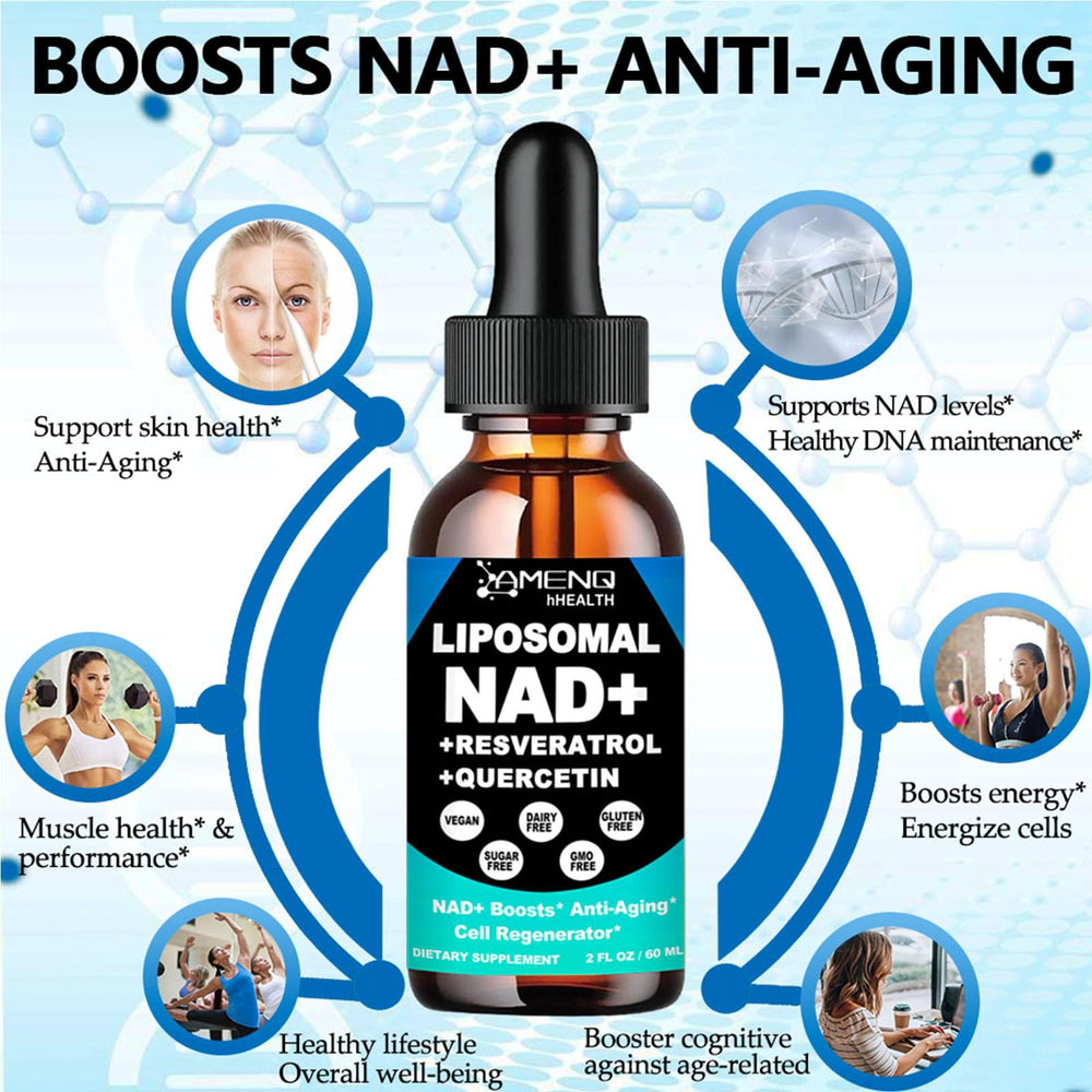 AMENQ hHEALTH NAD ingredient label shows liposomal NR and Resveratrol.