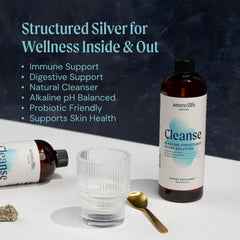 Ameo Life colloidal silver pour image showing easy dosing for family hydration and daily support.