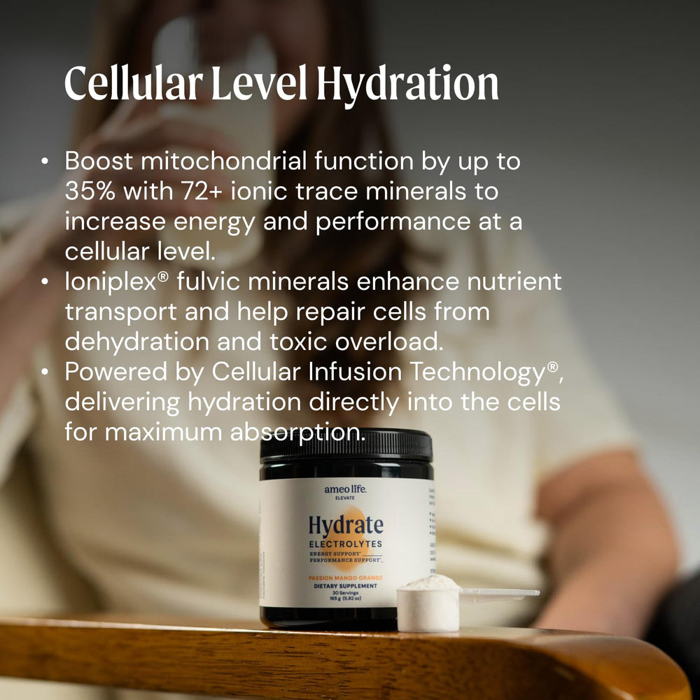 Ameo Life Hydrate Electrolyte Powder with Passion Mango Orange flavor for tropical refreshment.