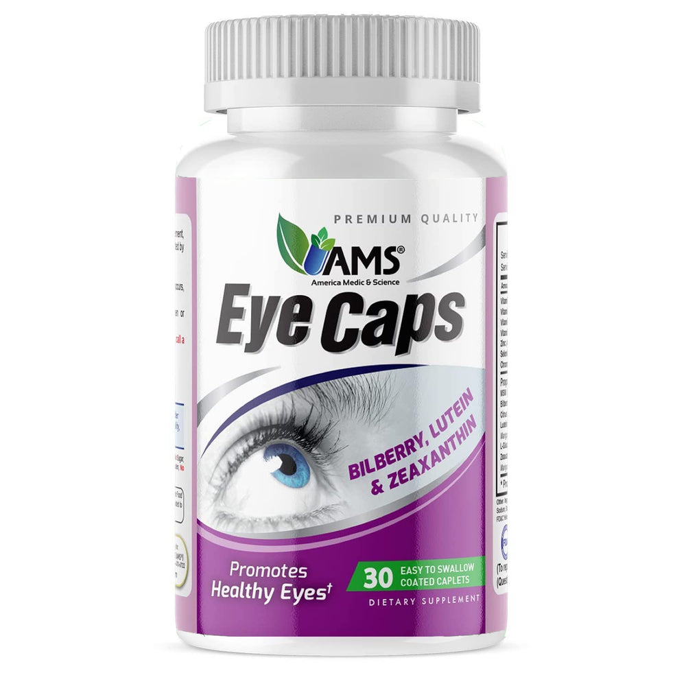 America Medic & Science EyeCaps bottle front showing sleek packaging for eye health support.