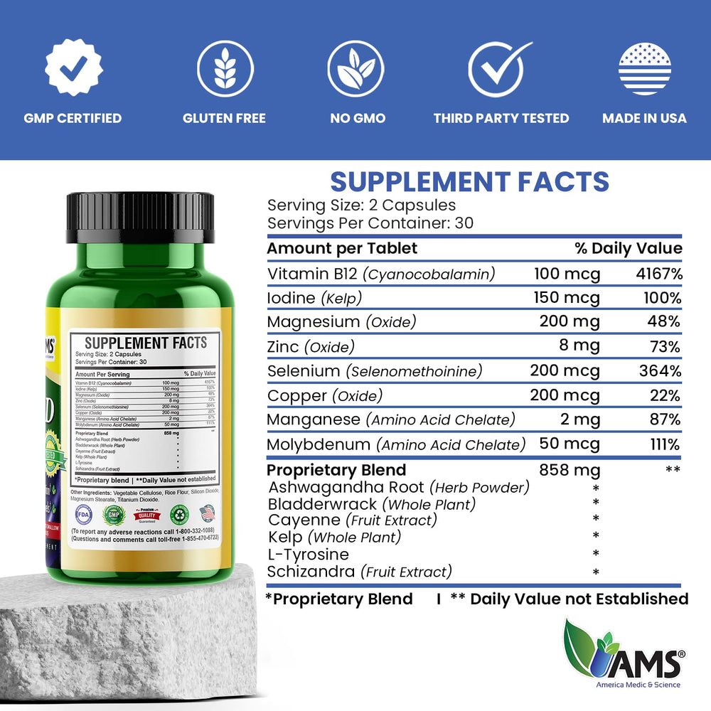 America Medic & Science Advanced Thyroid ingredients panel highlighting Ashwagandha, Iodine, Selenium and B12