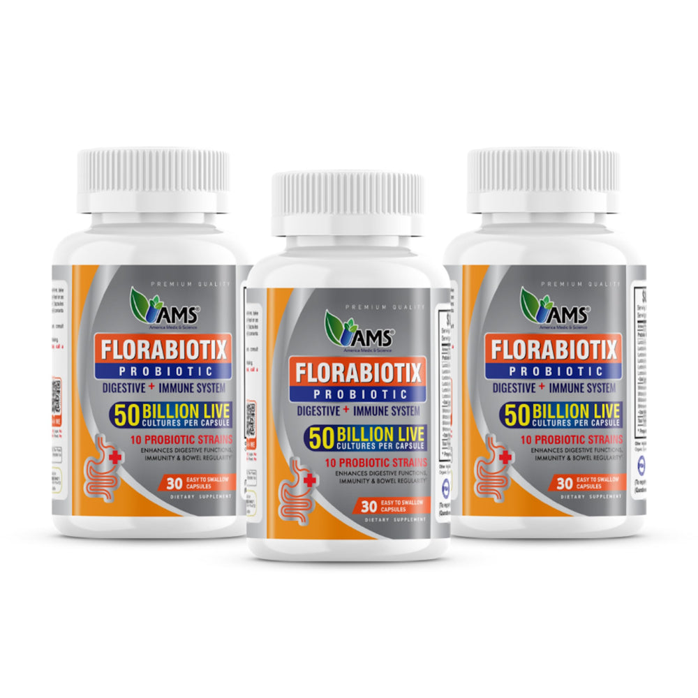 America Medic & Science Florabiotix bottle front showing 50B cultures for digestive support.