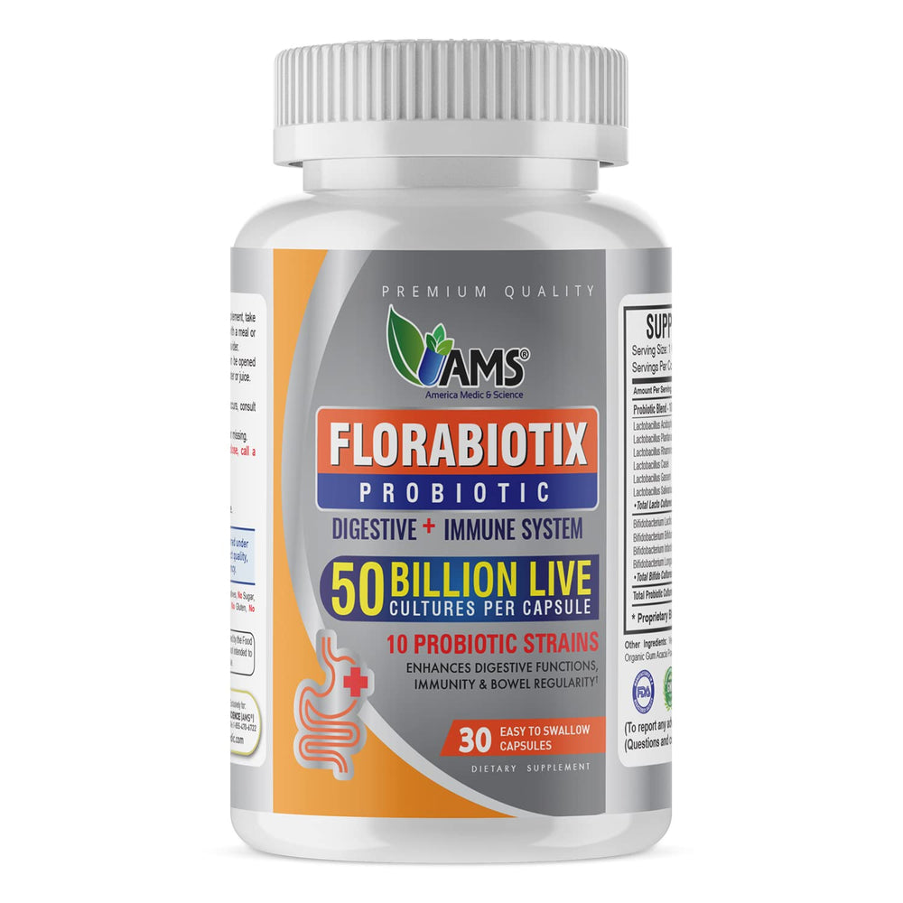 America Medic & Science Florabiotix Probiotic bottle label supports digestive balance.