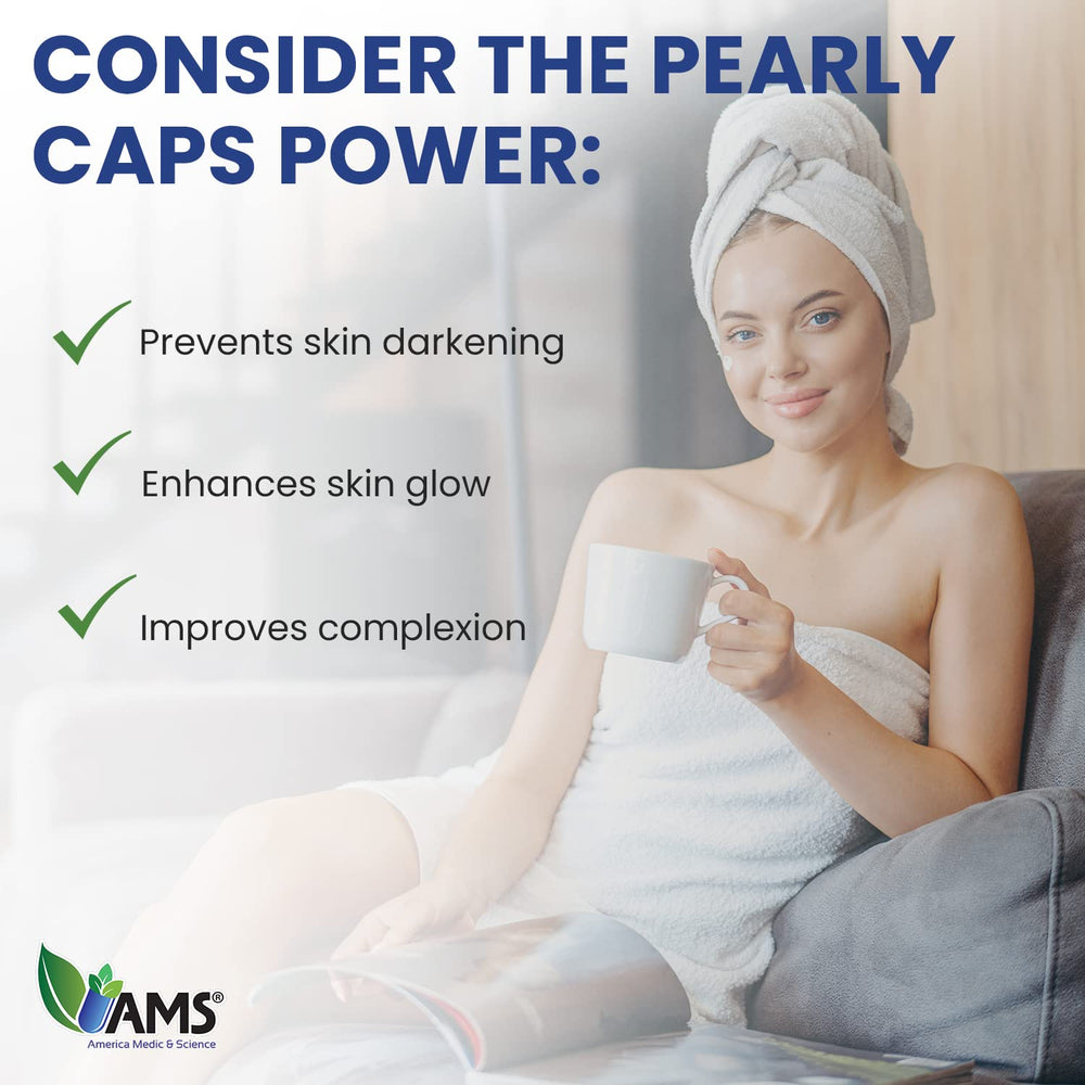Pearly Caps bottle beside glow imagery suggesting radiant skin potential.