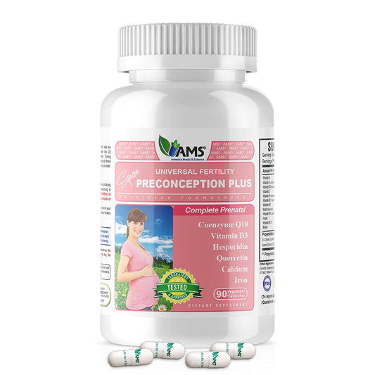 America Medic and Science Preconception Plus bottle label highlights prenatal nutrition