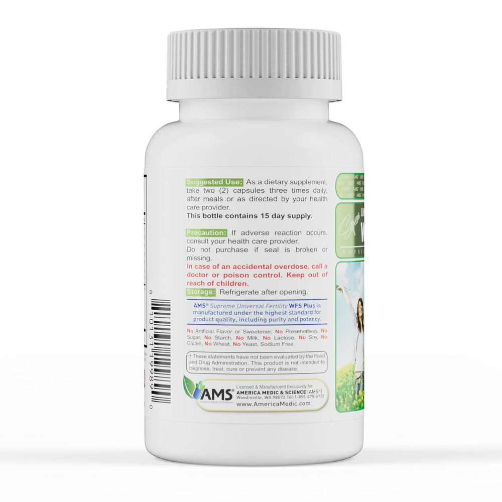 America Medic & Science WFS Plus label close-up showing natural preconception vitamins.