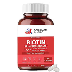 American Choice biotin-collagen-keratin bottle closeup for healthy hair and nails.