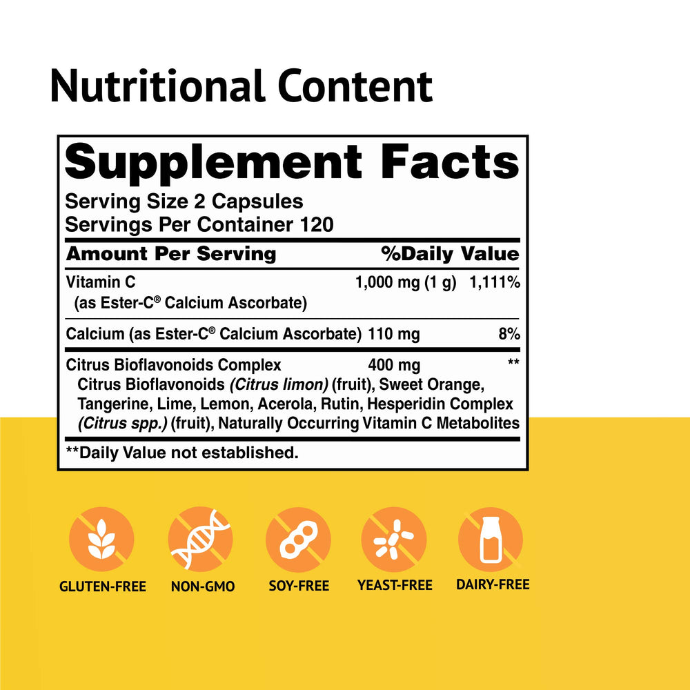 American Health Ester-C 500 mg bottle label close-up highlighting non-acidic formula.