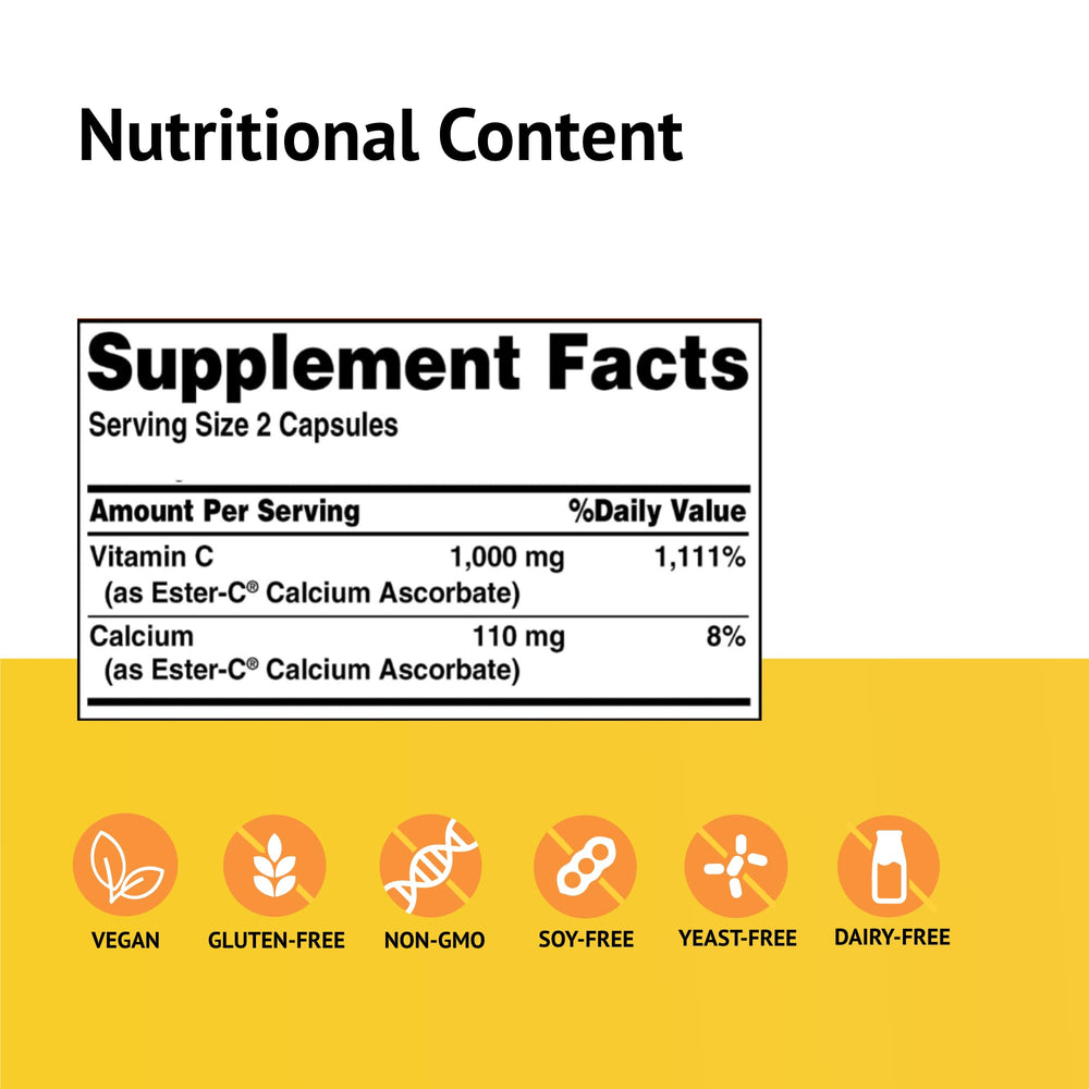 American Health Ester-C capsules in bottle highlighting non-GMO and gluten-free formula