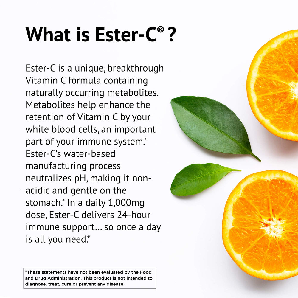 Front label of American Health Ester-C bottle highlighting quality and non-GMO