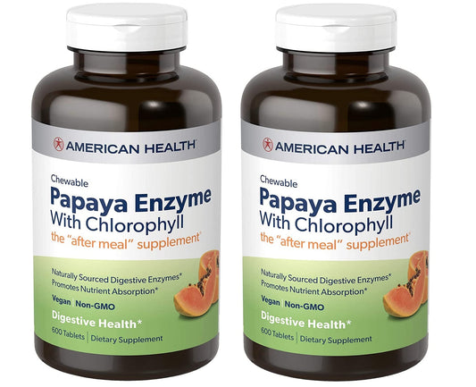 American Health Papaya Enzyme bottle front showing product branding and chewable format for digestion and freshness