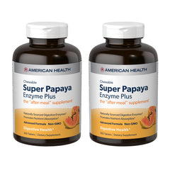 American Health Super Papaya Enzyme Plus chewables pack shown for after-meal support.