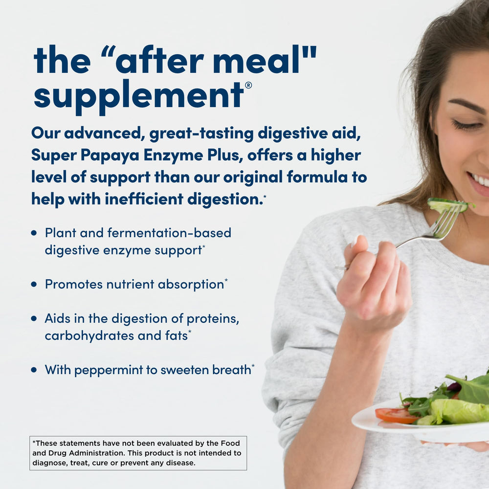 American Health Super Papaya Enzyme Plus ingredients with papaya, papain, amylase, and protease.