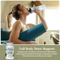 American Nutriceuticals Essential Detox bottle-closeup shows smooth capsules for easy swallowing.