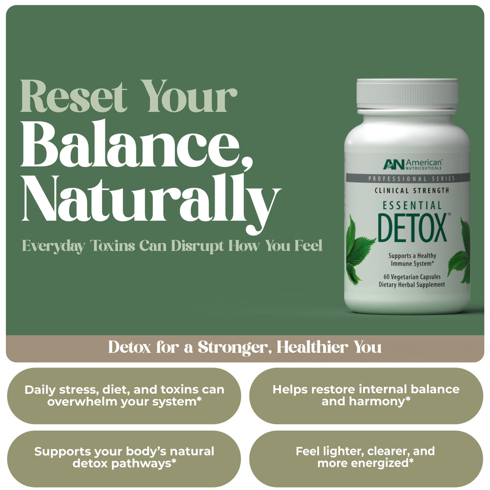 American Nutriceuticals Essential Detox bottle-label highlights clean ingredients for daily detox support.