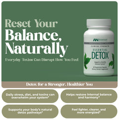 American Nutriceuticals Essential Detox bottle-label highlights clean ingredients for daily detox support.