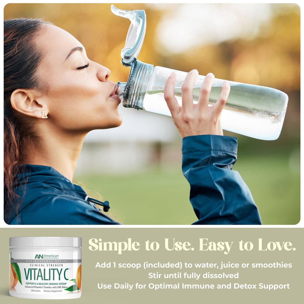 American Nutriceuticals Vitamin C Powder bottle label highlights sugar-free, non-acidic formula