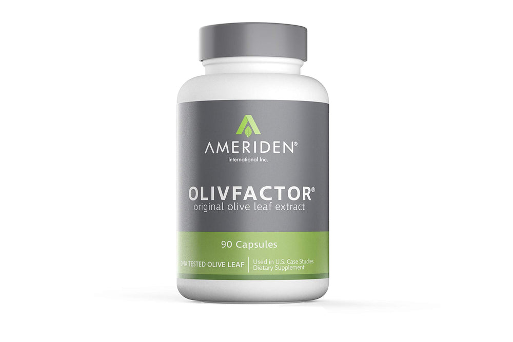AMERIDEN OLIVFACTOR olive leaf extract bottle close-up showing 20% oleuropein potency for potential immune support