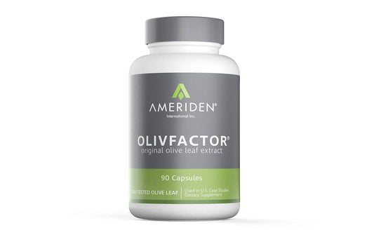 AMERIDEN OLIVFACTOR olive leaf extract bottle close-up showing 20% oleuropein potency for potential immune support