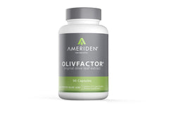 AMERIDEN OLIVFACTOR olive leaf extract bottle close-up showing 20% oleuropein potency for potential immune support
