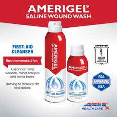 AMERIGEL Saline Wound Wash 360-degree spray for hard-to-reach wounds.