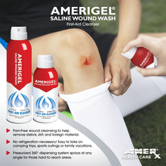 AMERIGEL Saline Wound Wash pressurized dispense reaches tough-to-clean areas.
