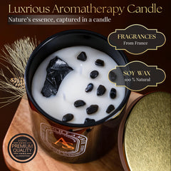 Ames Soeurs Amber Oud candle showing crystal inside for meditation focus.