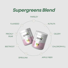 A glass of Ami Fitness Glow Greens Juice hints at a refreshing wellness ritual.