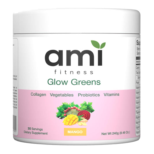 Ami Fitness Glow Greens Powder tub promotes daily greens for skin support.
