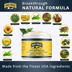 Amish Origins deep-penetrating cream applied to knee for quick soothing relief.