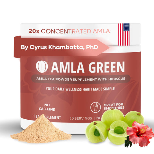 Amla Green bottle showing 20x concentrated amla powder for daily antioxidant support
