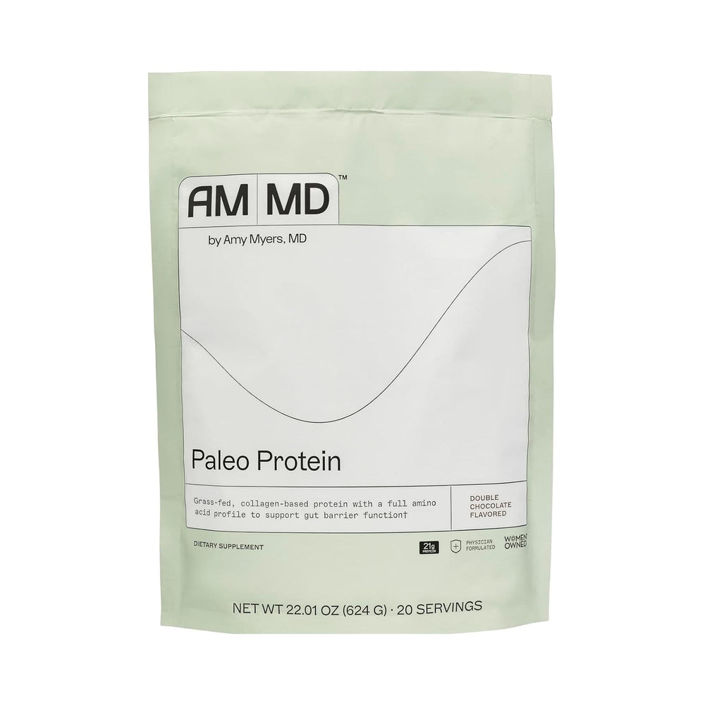 Amy Myers MD Paleo Protein Powder double chocolate tub highlighting collagen for gut support