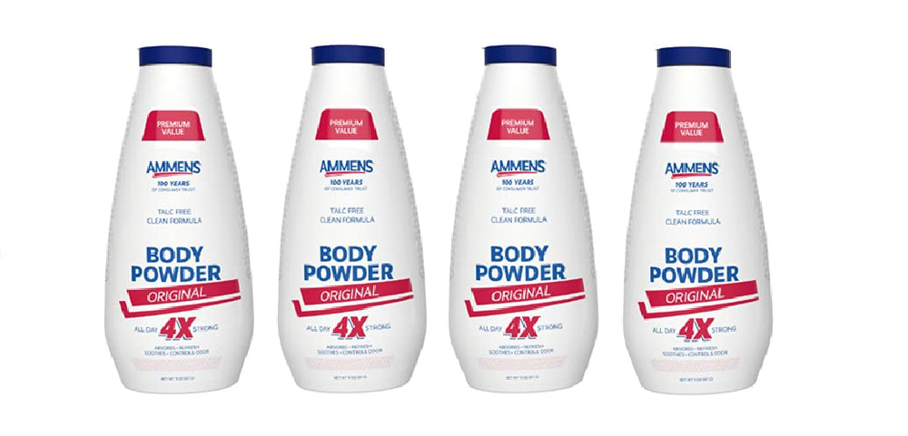 AMMENS Body Powder Original 4-pack box for all-day protection and freshness.